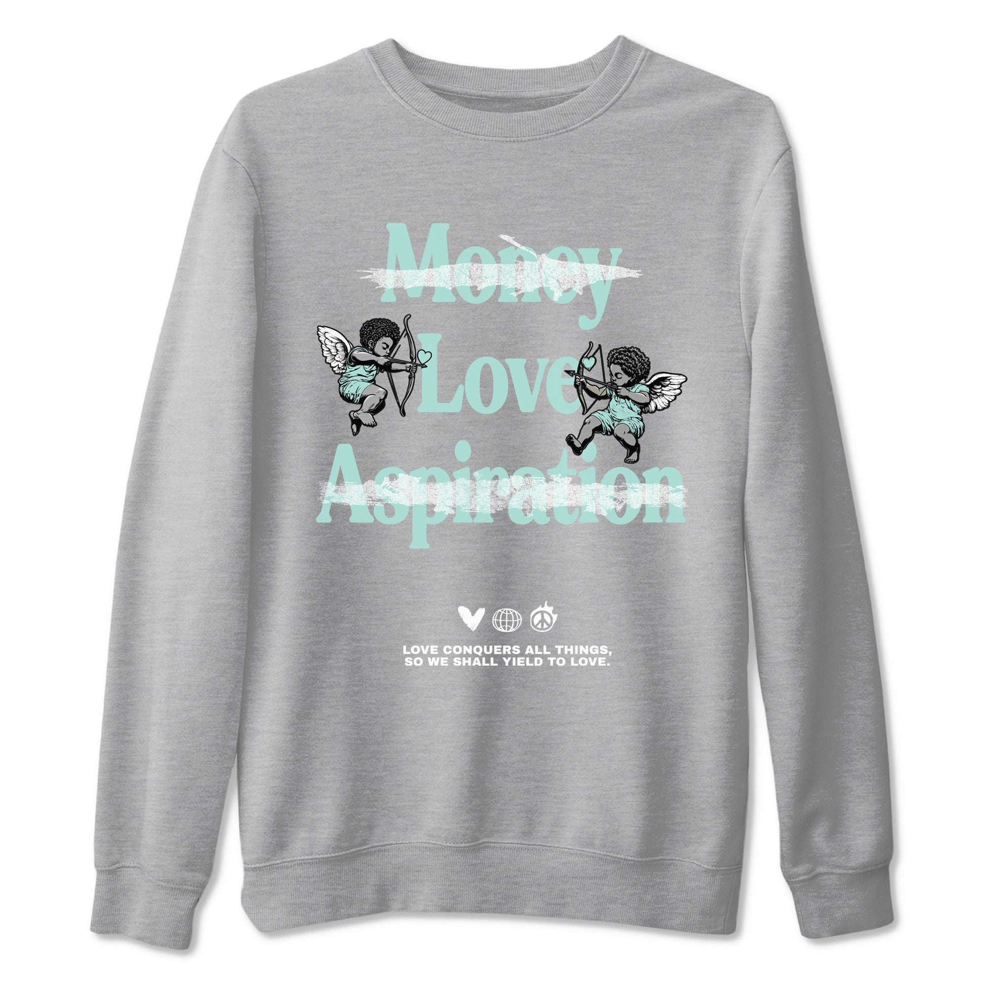 Love Conquers All Things sneaker match t-shirt styled to complete your fit with the Air Jordan 11 Igloo sneakers, shown in Heather Grey 2.