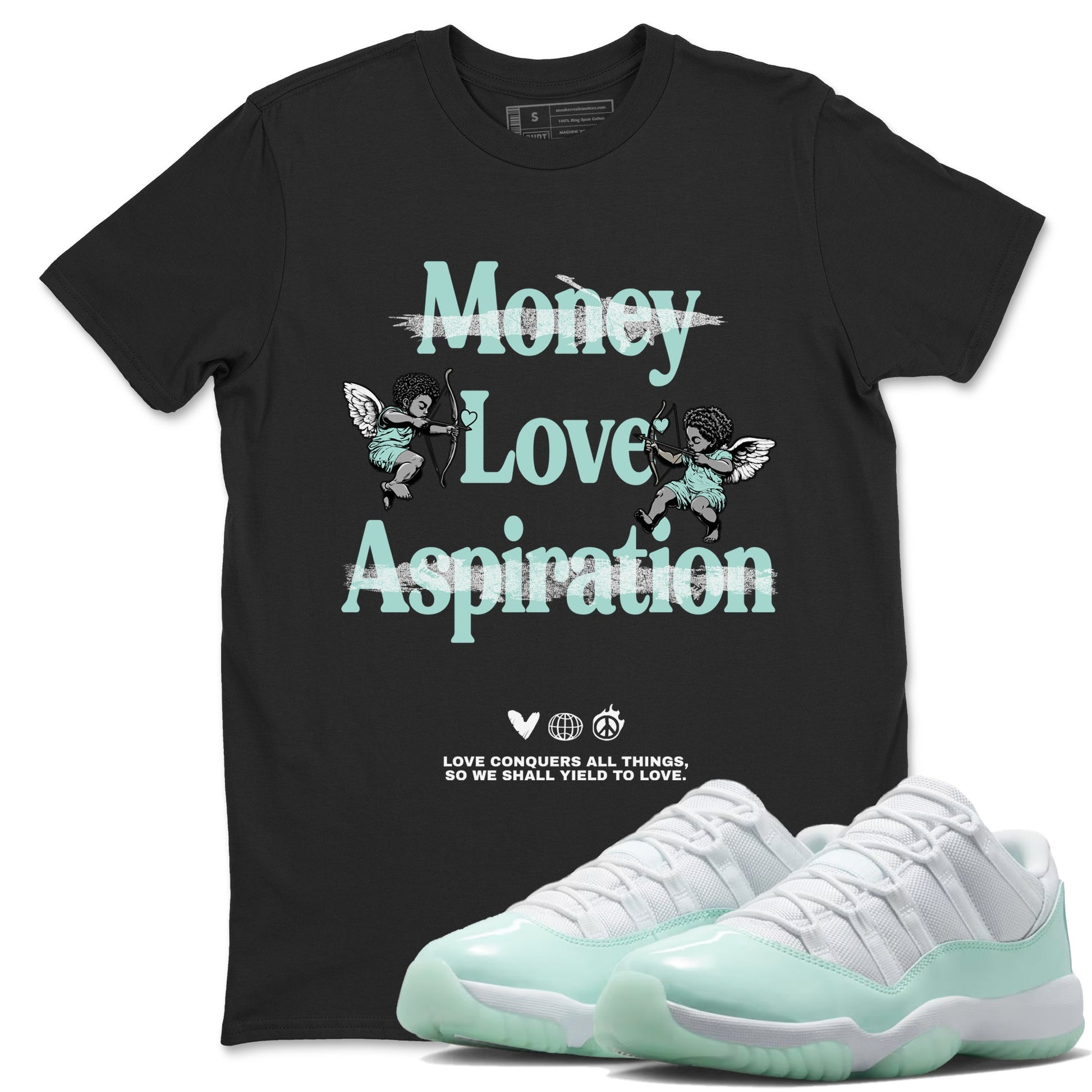 Love Conquers All Things sneaker match t-shirt styled to complete your fit with the Air Jordan 11 Igloo sneakers, shown in Black 1.