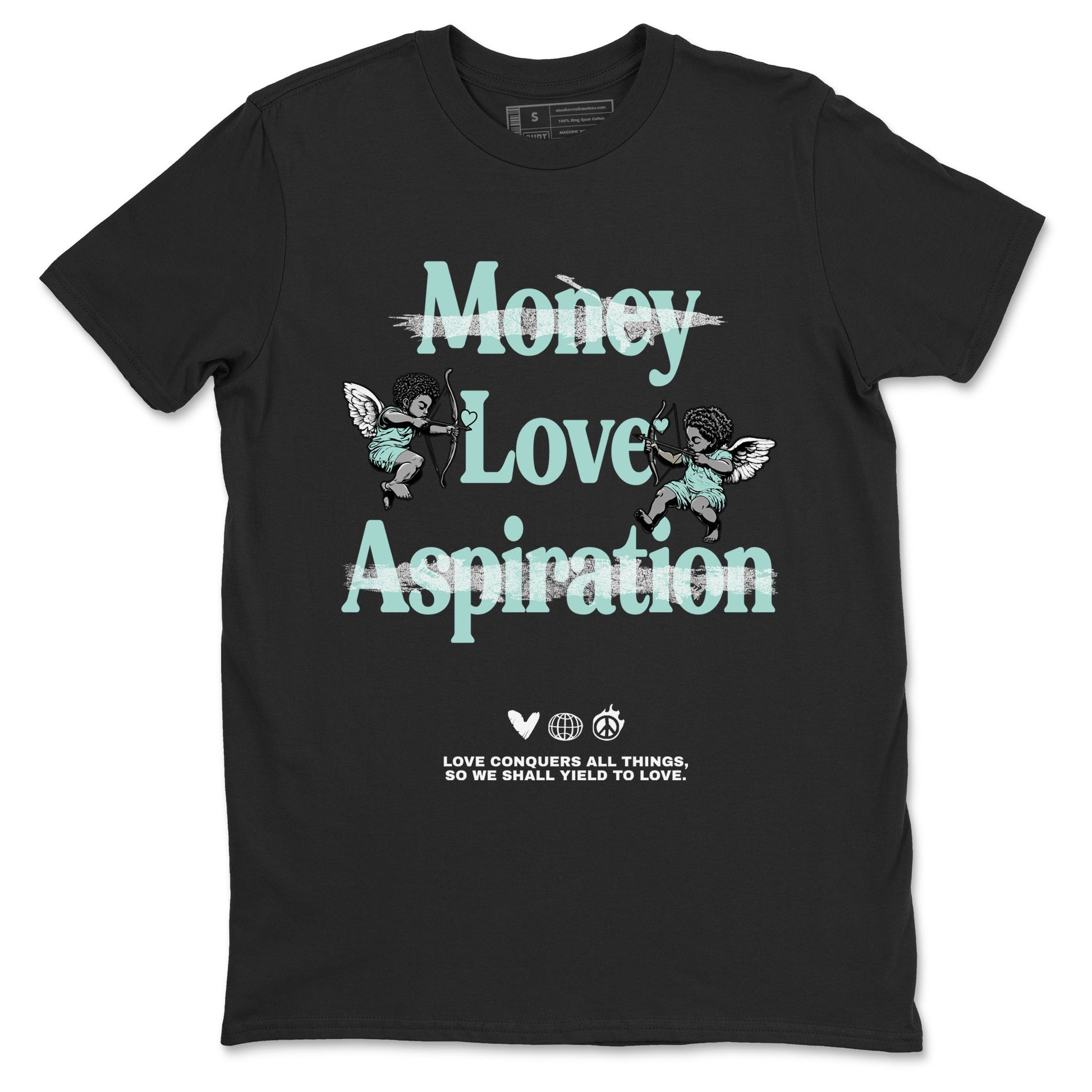 Love Conquers All Things sneaker match t-shirt styled to complete your fit with the Air Jordan 11 Igloo sneakers, shown in Black 2.