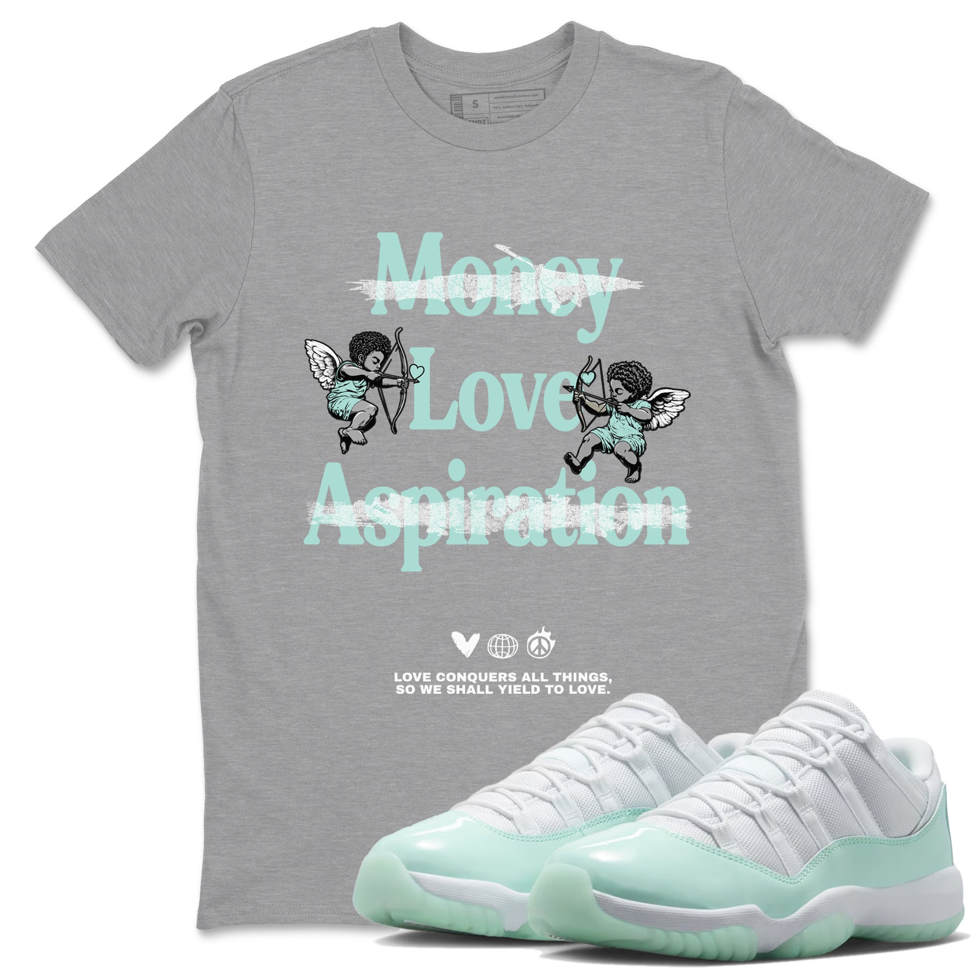 Love Conquers All Things sneaker match t-shirt styled to complete your fit with the Air Jordan 11 Igloo sneakers, shown in Heather Grey 1.