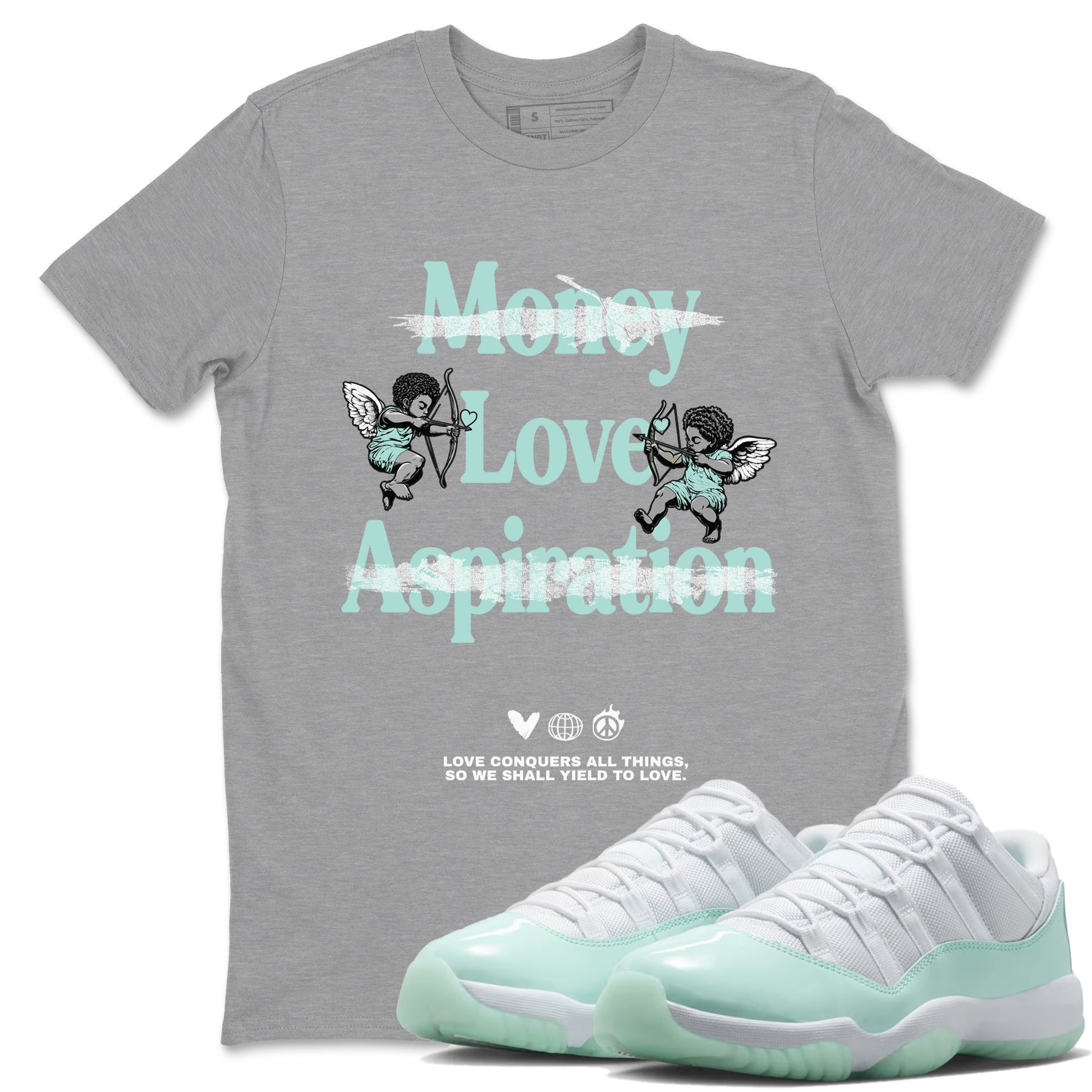 Love Conquers All Things sneaker match t-shirt styled to complete your fit with the Air Jordan 11 Igloo sneakers, shown in Heather Grey 1.