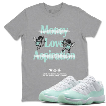 Love Conquers All Things sneaker match t-shirt styled to complete your fit with the Air Jordan 11 Igloo sneakers, shown in Heather Grey 1.