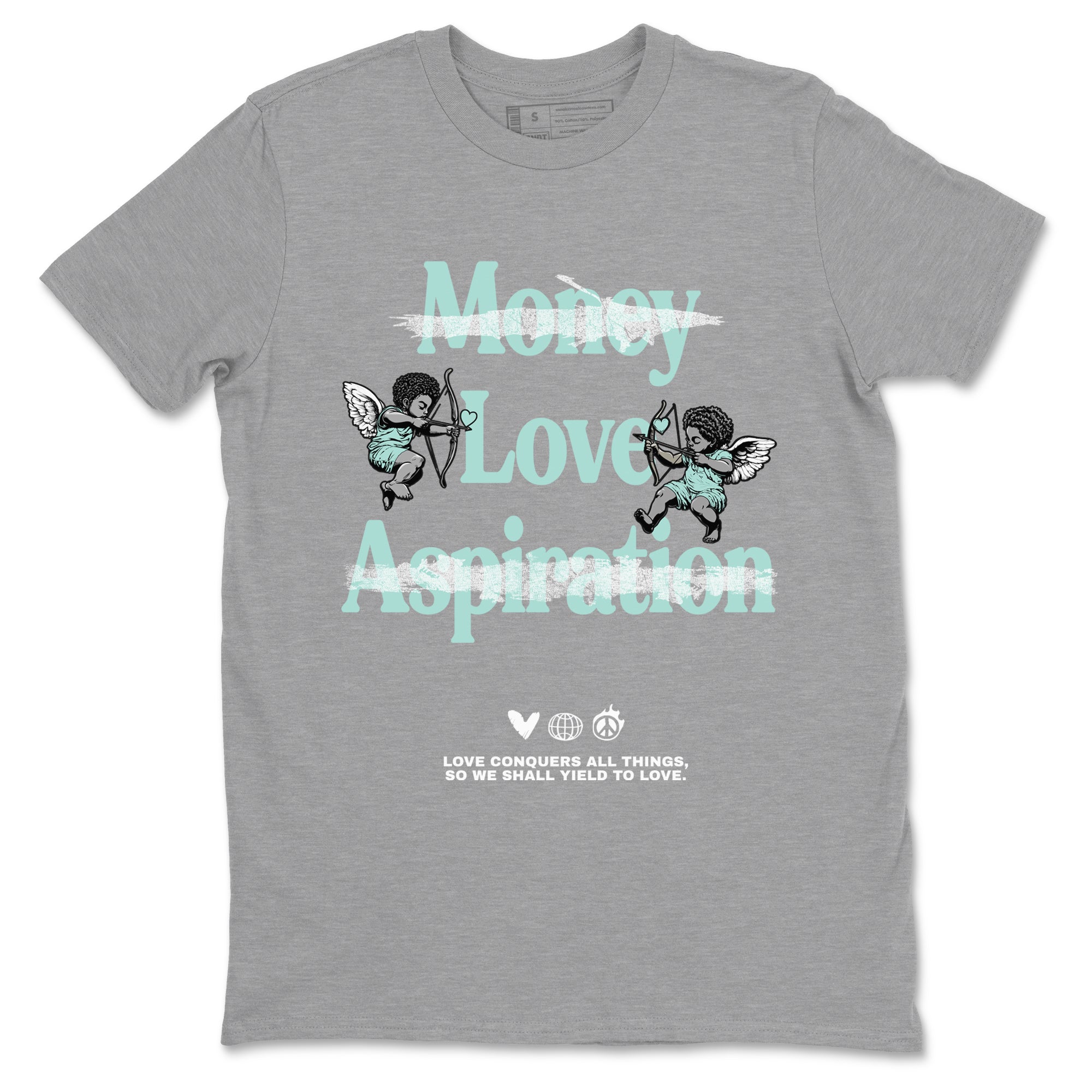 Love Conquers All Things sneaker match t-shirt styled to complete your fit with the Air Jordan 11 Igloo sneakers, shown in Heather Grey 2.
