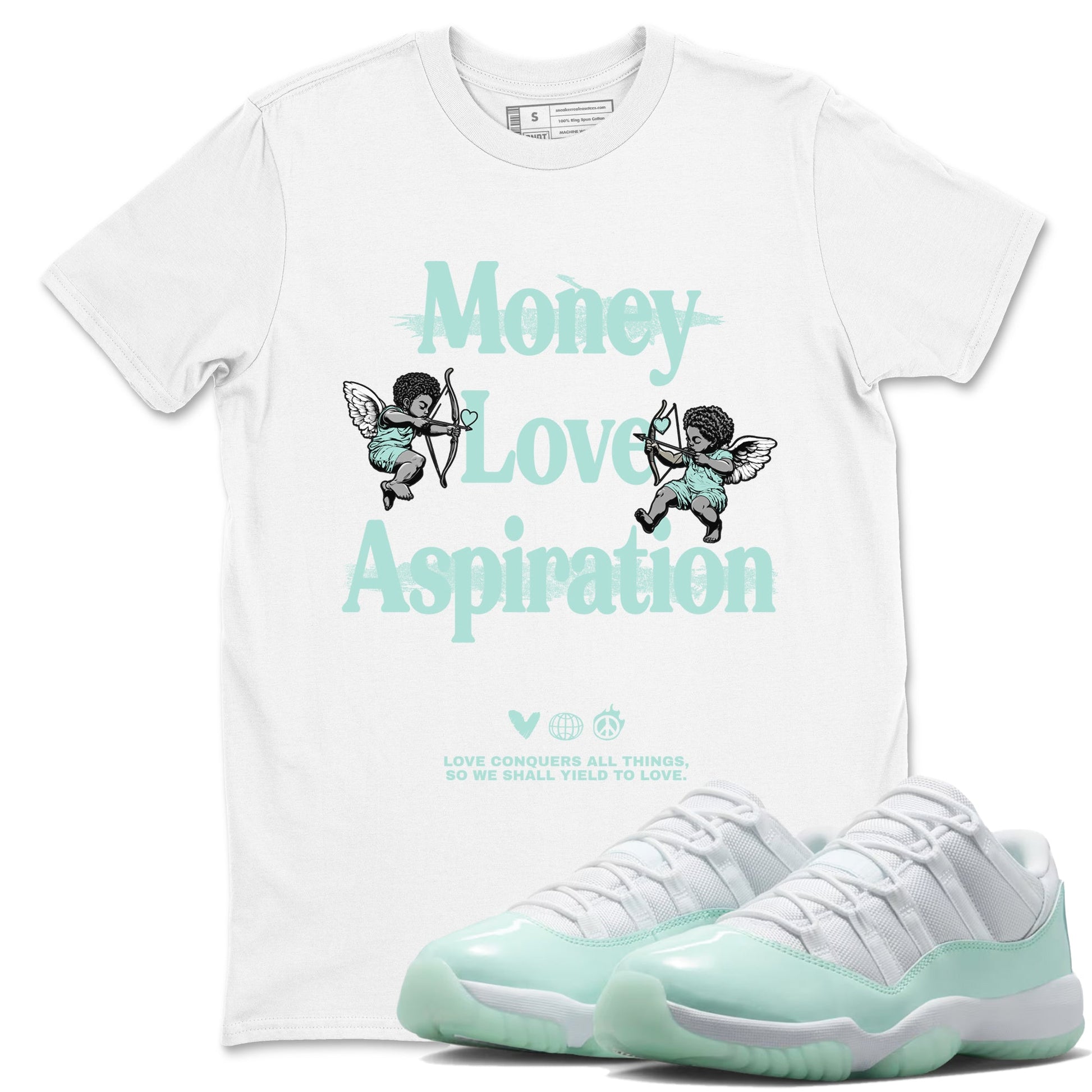 Love Conquers All Things sneaker match t-shirt styled to complete your fit with the Air Jordan 11 Igloo sneakers, shown in White 1.