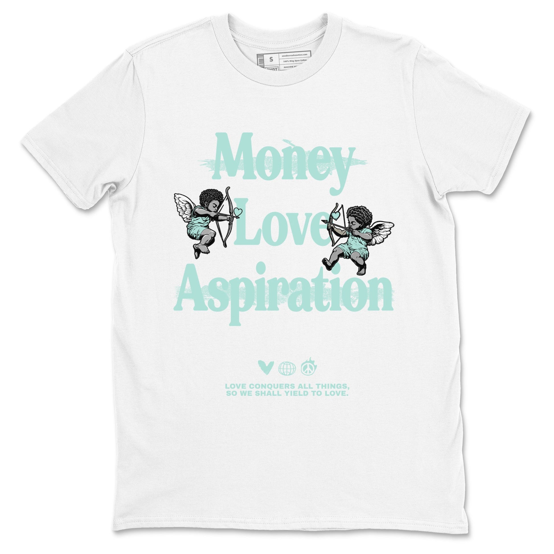 Love Conquers All Things sneaker match t-shirt styled to complete your fit with the Air Jordan 11 Igloo sneakers, shown in White 2.