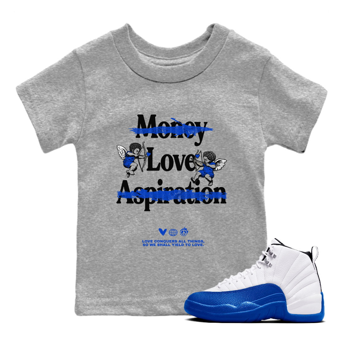 12s Blueberry shirts to match jordans Love Conquers All Things best t shirts to wear with jordans Air Jordan 12 Retro Blueberry match shoes to clothes SNRT Sneaker Tees Youth Baby Heather Grey 1 tee