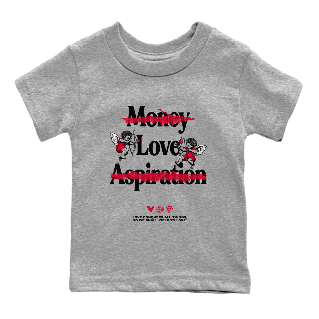12s Flu Game shirts to match jordans Love Conquers All Things sneaker match tees Air Jordan 12 Retro Flu Game match shoes to clothes SNRT Sneaker Tees Youth Baby Heather Grey 2 tee