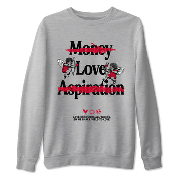 12s Flu Game shirts to match jordans Love Conquers All Things sneaker match tees Air Jordan 12 Retro Flu Game match shoes to clothes SNRT Sneaker Tees unisex cotton Heather Grey 2 shirts
