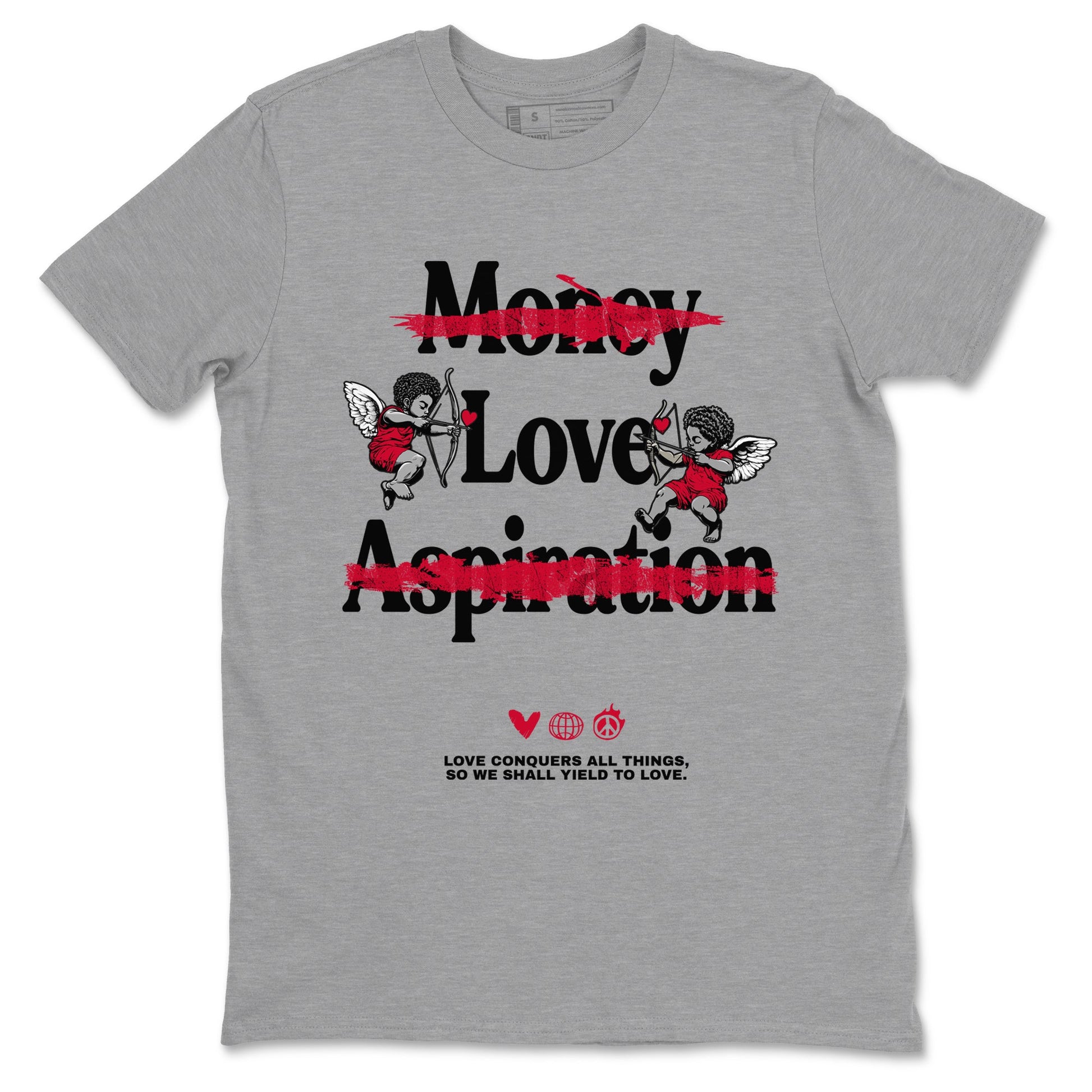 12s Flu Game shirts to match jordans Love Conquers All Things sneaker match tees Air Jordan 12 Retro Flu Game match shoes to clothes SNRT Sneaker Tees unisex cotton Heather Grey 2 shirts