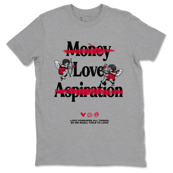 12s Flu Game shirts to match jordans Love Conquers All Things sneaker match tees Air Jordan 12 Retro Flu Game match shoes to clothes SNRT Sneaker Tees unisex cotton Heather Grey 2 shirts