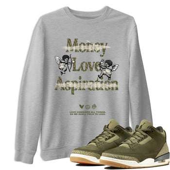 Sneaker Threads – Sneaker Tees To Match Air Jordan 3 Medium Olive – Love Conquers All Things Graphic Tee Heather Grey 1. Perfect for Jordan releases 2025 colorways.