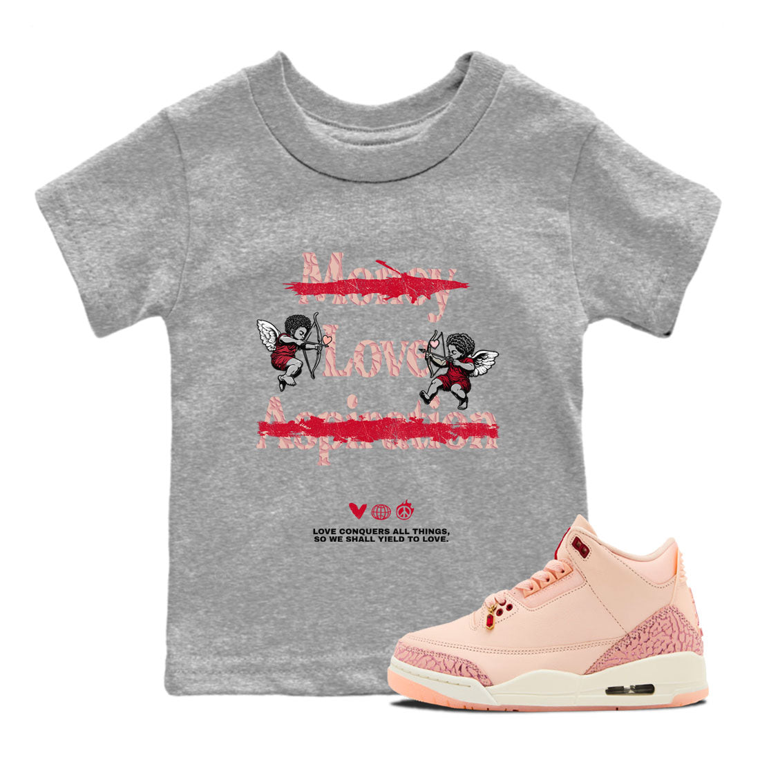 3s Valentines Day shirts to match jordans Love Conquers All Things best t shirts to wear with jordans Air Jordan 3 Valentines Day match shoes to clothes SNRT Sneaker Tees Youth Baby Heather Grey 1 tee