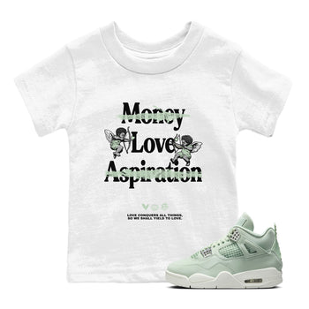4s Abundance shirts to match jordans Love Conquers All Things sneaker match tees Air Jordan 4 Seafoam match shoes to clothes SNRT Sneaker Tees Youth Baby White 1 tee