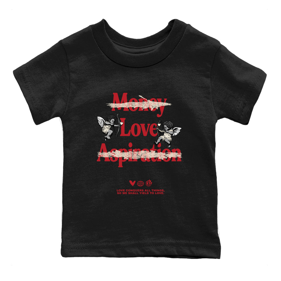 Sneaker match tees – Sneaker Tees To Match Air Jordan 4 Valentines Day Shoes – Love Conquers All Things Kids T-Shirt Black 2