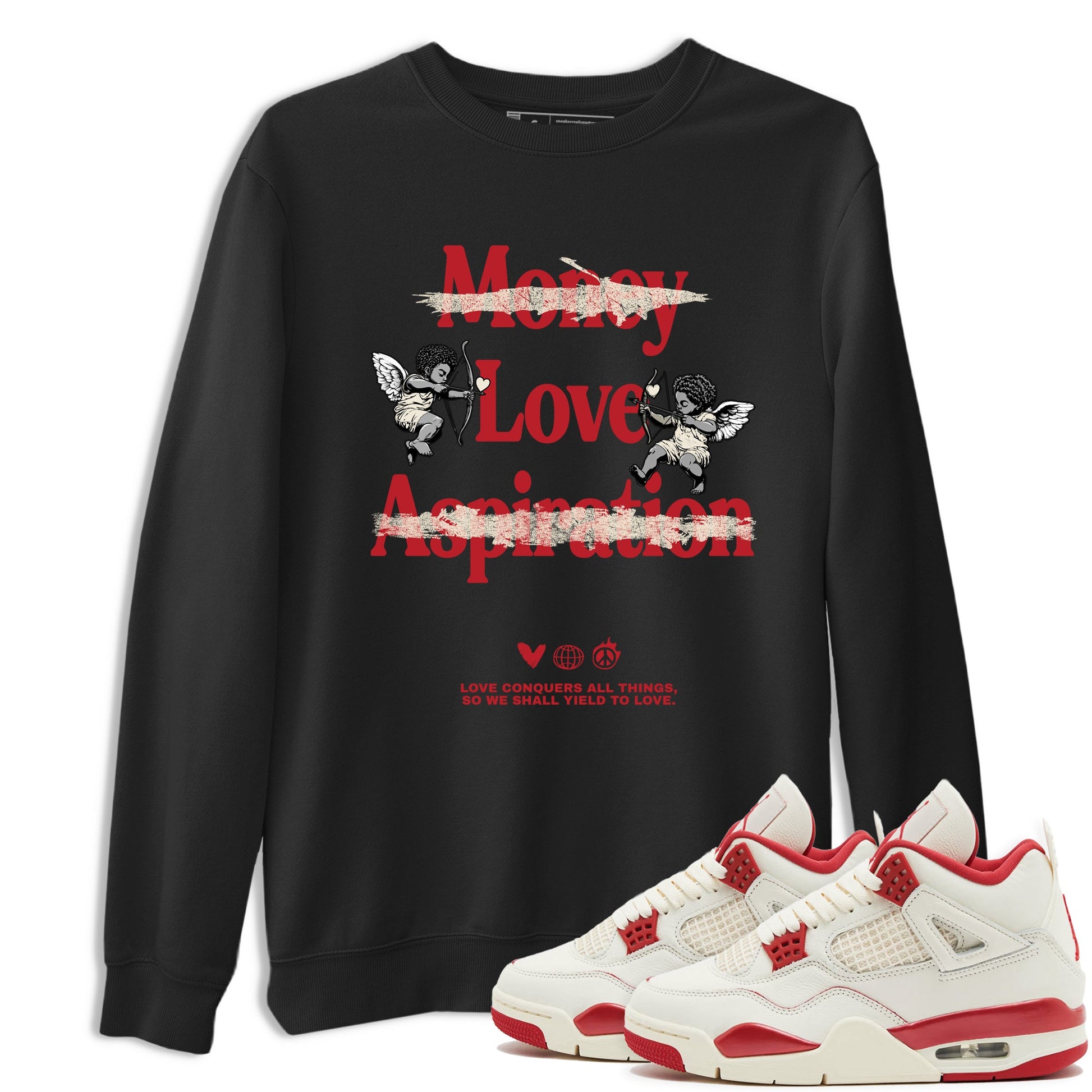 Sneaker match tees – Sneaker Tees To Match Air Jordan 4 Valentines Day Shoes – Love Conquers All Things Tee Black 1