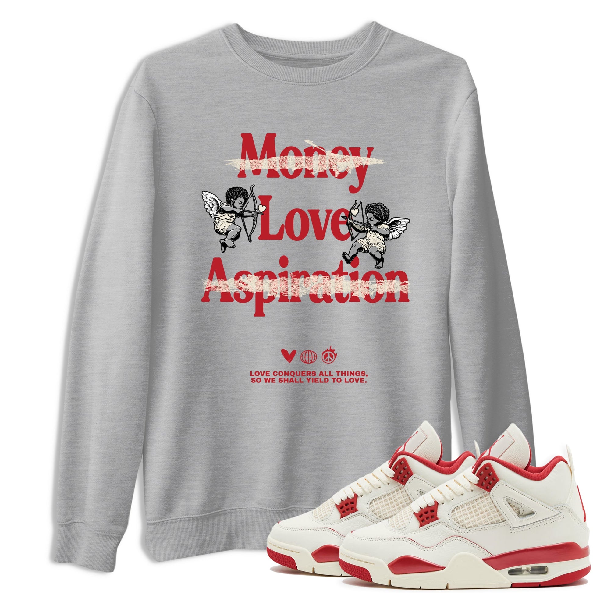 Sneaker match tees – Sneaker Tees To Match Air Jordan 4 Valentines Day Shoes – Love Conquers All Things Tee Heather Grey 1