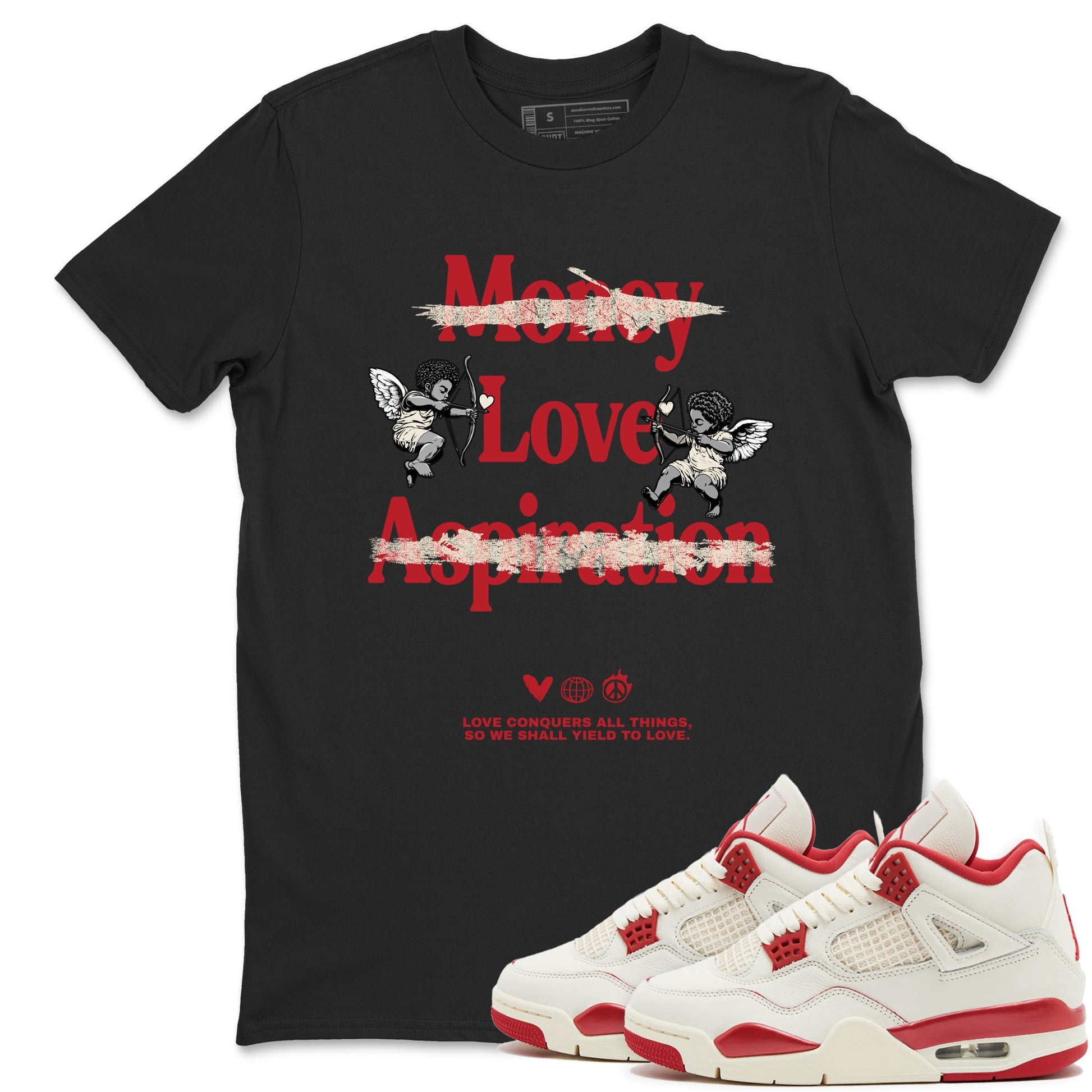 Sneaker match tees – Sneaker Tees To Match Air Jordan 4 Valentines Day Shoes – Love Conquers All Things Tee Black 1