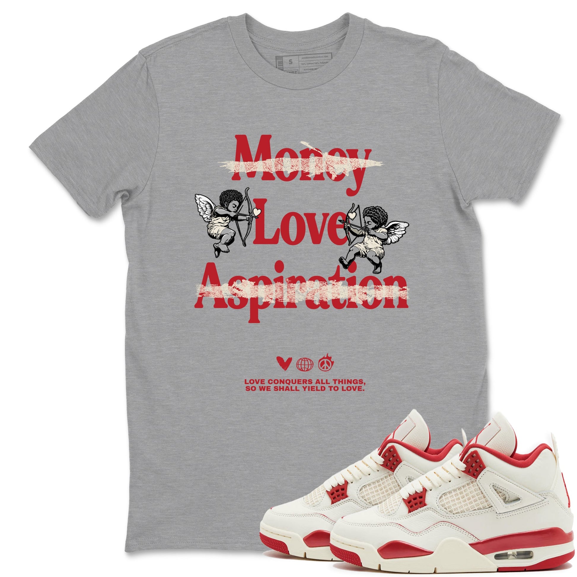 Sneaker match tees – Sneaker Tees To Match Air Jordan 4 Valentines Day Shoes – Love Conquers All Things Tee Heather Grey 1