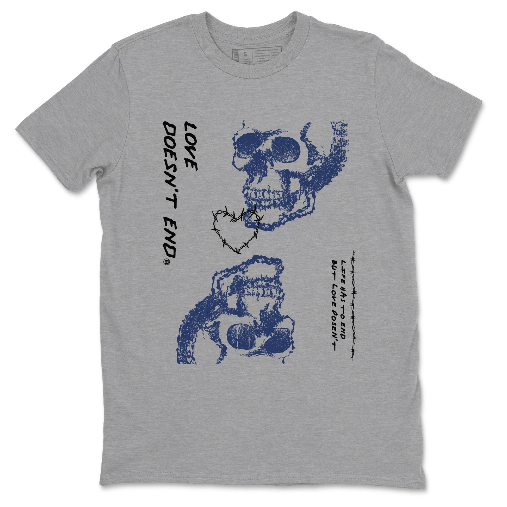 1s Midnight Navy shirts to match jordans Love Doesn't End sneaker match tees Air Jordan 1 Midnight Navy match shoes to clothes SNRT Sneaker Tees unisex cotton Heather Grey 2 shirts