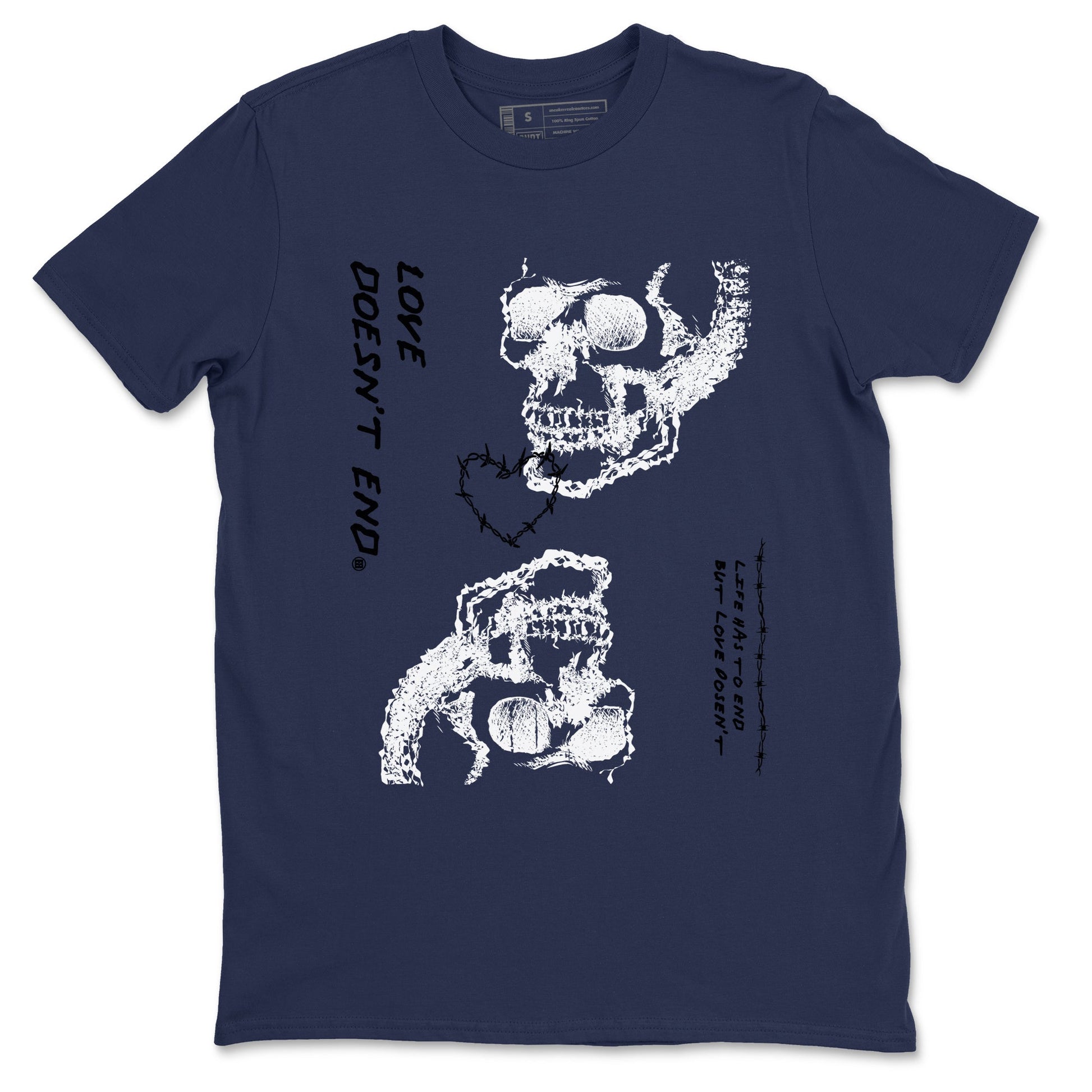 1s Midnight Navy shirts to match jordans Love Doesn't End sneaker match tees Air Jordan 1 Midnight Navy match shoes to clothes SNRT Sneaker Tees unisex cotton Navy 2 shirts