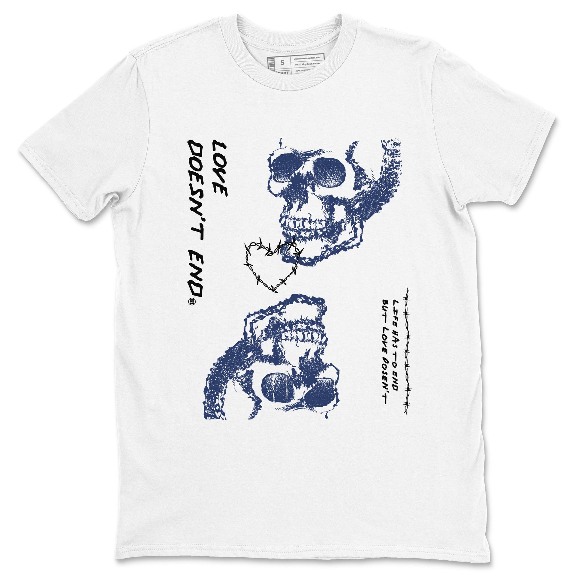 1s Midnight Navy shirts to match jordans Love Doesn't End sneaker match tees Air Jordan 1 Midnight Navy match shoes to clothes SNRT Sneaker Tees unisex cotton White 2 shirts