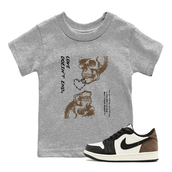 1s Mocha shirts to match jordans Love Doesn't End sneaker match tees Air Jordan 1 Low Mocha SNRT Sneaker Release Tees Youth Baby Heather Grey 1 crew neck shirts