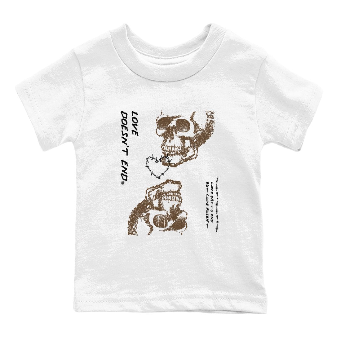1s Mocha shirts to match jordans Love Doesn't End sneaker match tees Air Jordan 1 Low Mocha SNRT Sneaker Release Tees Youth Baby White 2 crew neck shirts