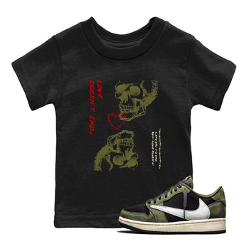 Travis Scott Medium Olive shirts to match jordans Love Doesn't End sneaker match tees Air Jordan 1 Low x Travis Scott x Medium Olive SNRT Sneaker Release Tees Youth Baby Black 1 crew neck shirts