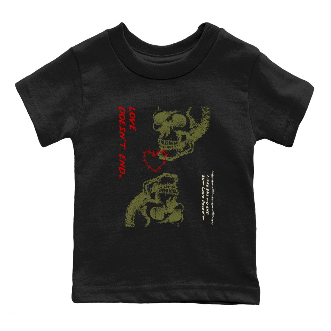 Travis Scott Medium Olive shirts to match jordans Love Doesn't End sneaker match tees Air Jordan 1 Low x Travis Scott x Medium Olive SNRT Sneaker Release Tees Youth Baby Black 2 crew neck shirts