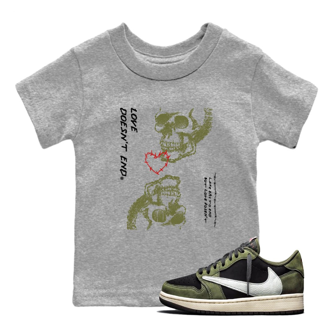 Travis Scott Medium Olive shirts to match jordans Love Doesn't End sneaker match tees Air Jordan 1 Low x Travis Scott x Medium Olive SNRT Sneaker Release Tees Youth Baby Heather Grey 1 crew neck shirts