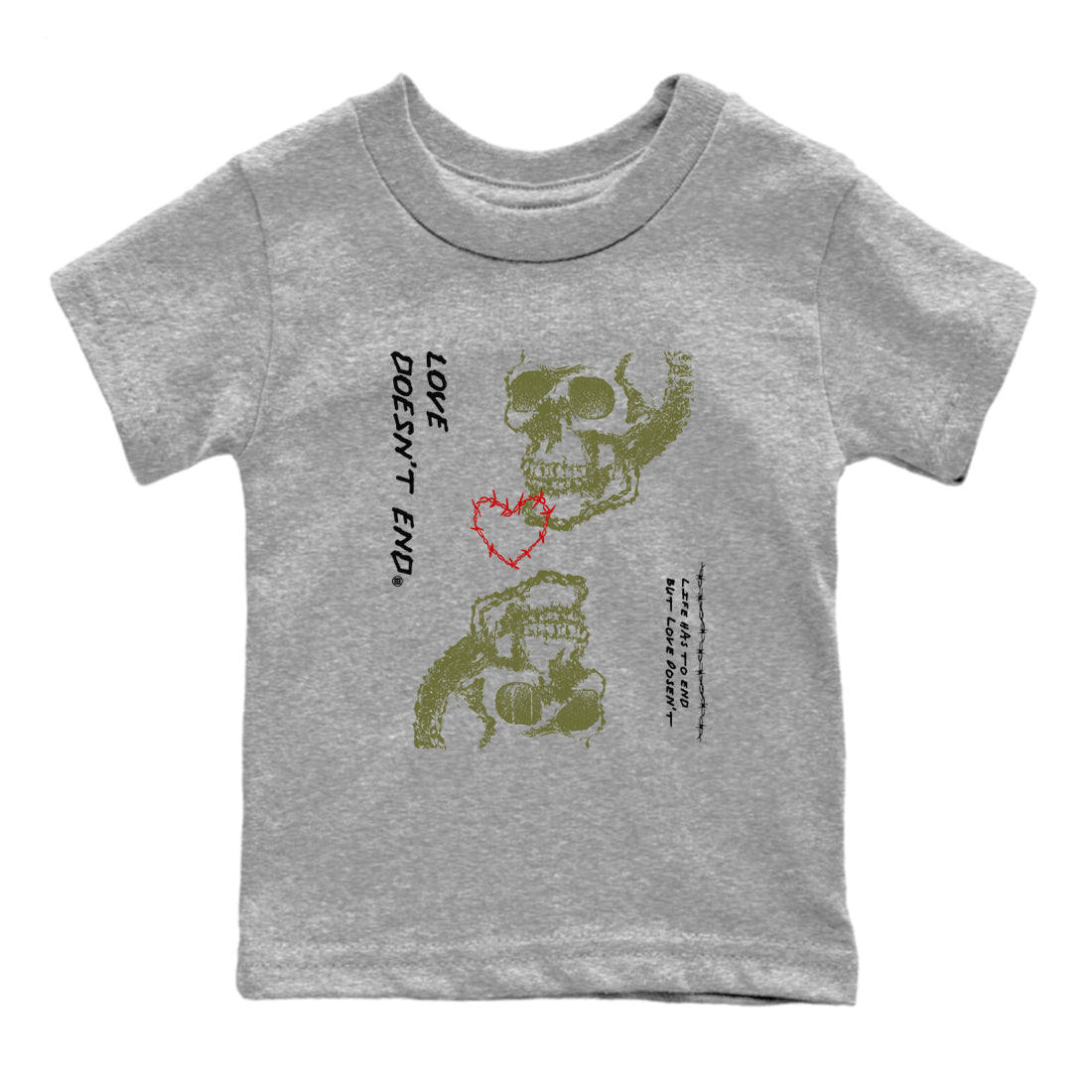 Travis Scott Medium Olive shirts to match jordans Love Doesn't End sneaker match tees Air Jordan 1 Low x Travis Scott x Medium Olive SNRT Sneaker Release Tees Youth Baby Heather Grey 2 crew neck shirts