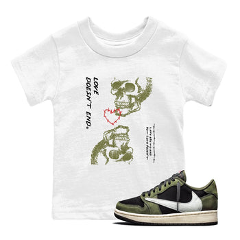 Travis Scott Medium Olive shirts to match jordans Love Doesn't End sneaker match tees Air Jordan 1 Low x Travis Scott x Medium Olive SNRT Sneaker Release Tees Youth Baby White 1 crew neck shirts