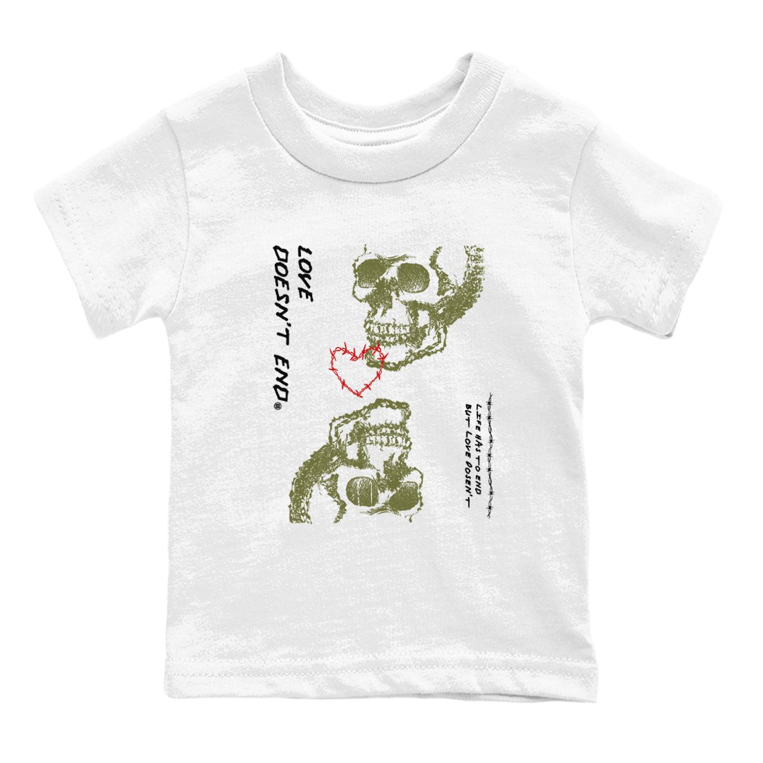 Travis Scott Medium Olive shirts to match jordans Love Doesn't End sneaker match tees Air Jordan 1 Low x Travis Scott x Medium Olive SNRT Sneaker Release Tees Youth Baby White 2 crew neck shirts
