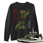 Travis Scott Medium Olive shirts to match jordans Love Doesn't End sneaker match tees Air Jordan 1 Low x Travis Scott x Medium Olive SNRT Sneaker Release Tees unisex cotton Black 1 crew neck shirts