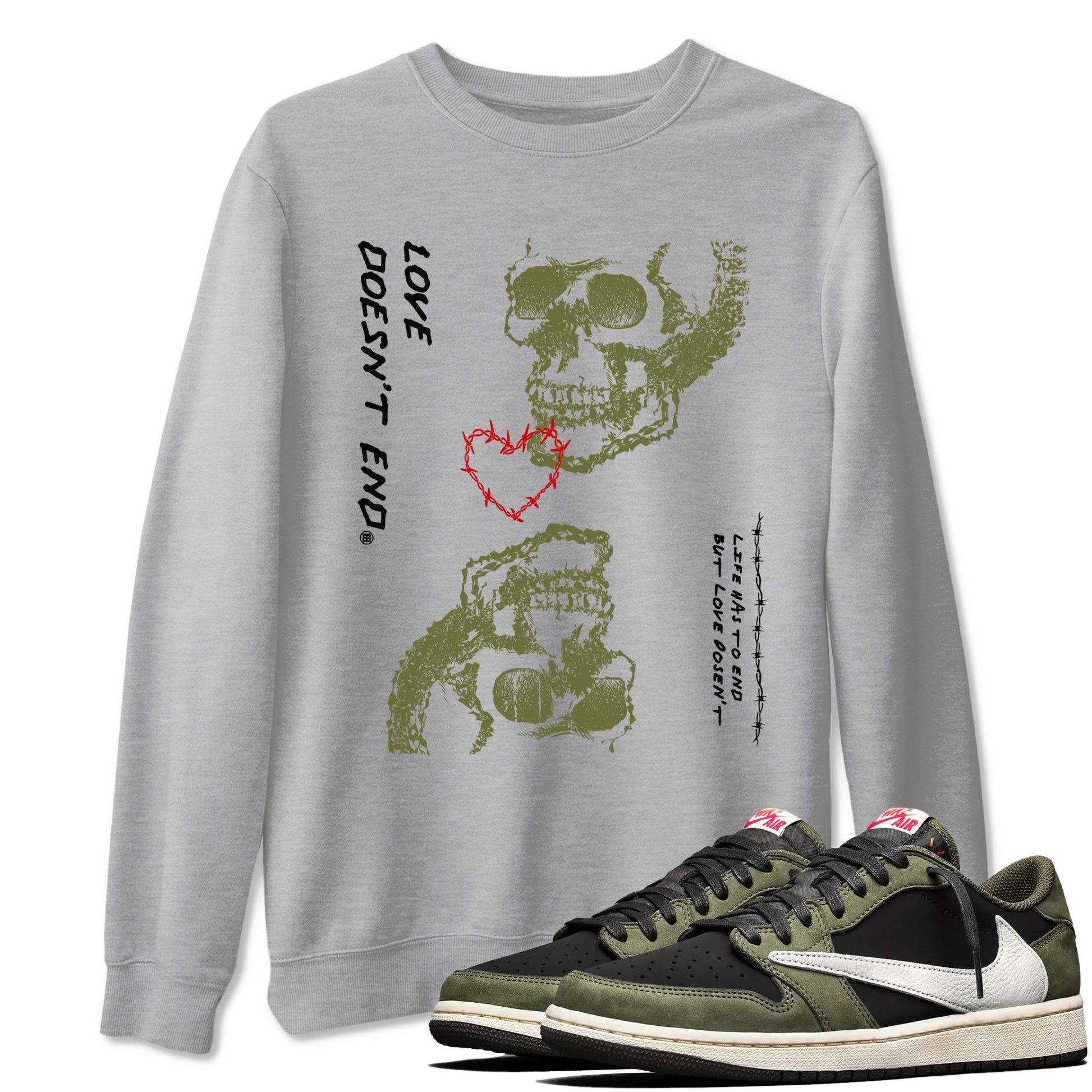 Travis Scott Medium Olive shirts to match jordans Love Doesn't End sneaker match tees Air Jordan 1 Low x Travis Scott x Medium Olive SNRT Sneaker Release Tees unisex cotton Heather Grey 1 crew neck shirts