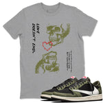 Travis Scott Medium Olive shirts to match jordans Love Doesn't End sneaker match tees Air Jordan 1 Low x Travis Scott x Medium Olive SNRT Sneaker Release Tees unisex cotton Heather Grey 1 crew neck shirts