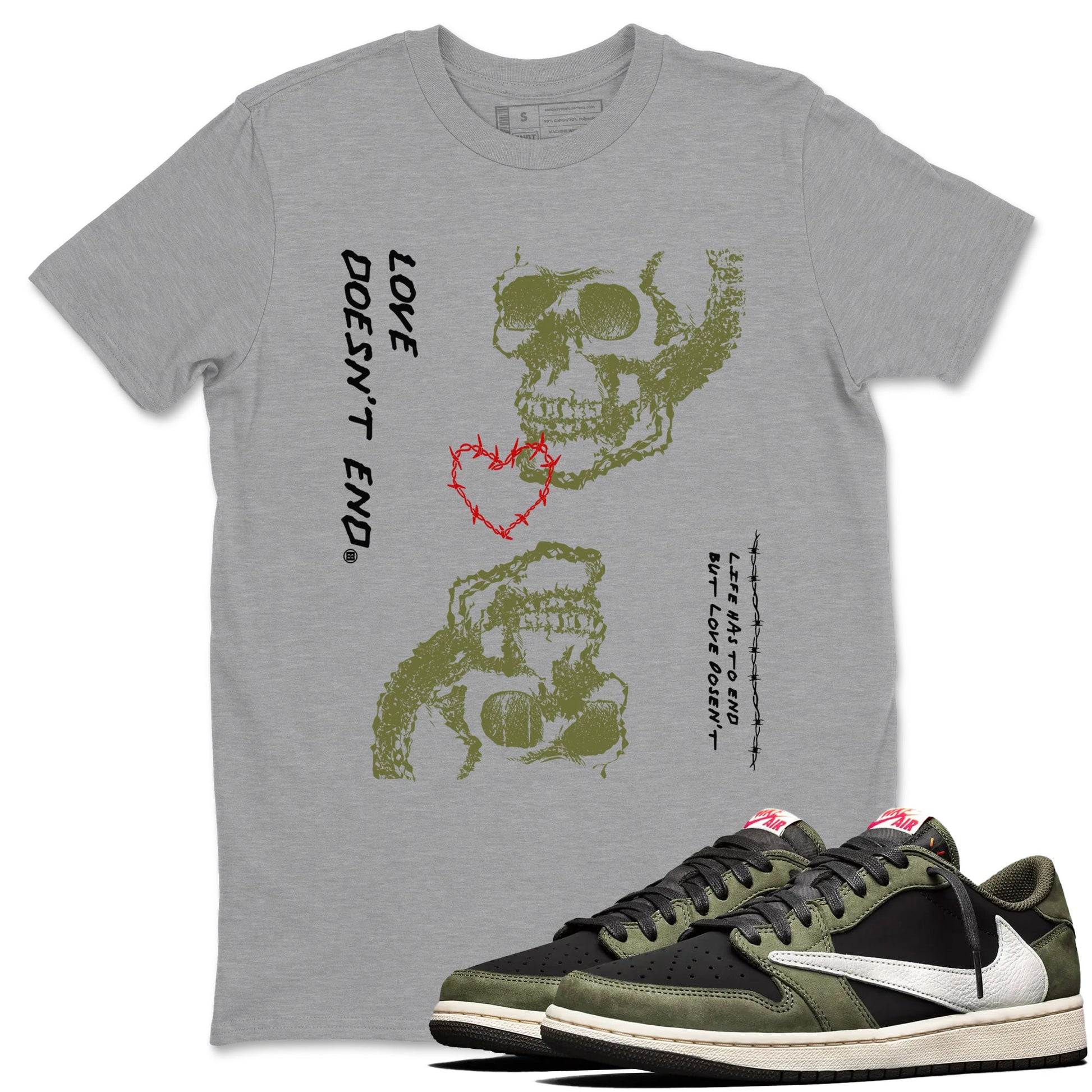 Travis Scott Medium Olive shirts to match jordans Love Doesn't End sneaker match tees Air Jordan 1 Low x Travis Scott x Medium Olive SNRT Sneaker Release Tees unisex cotton Heather Grey 1 crew neck shirts