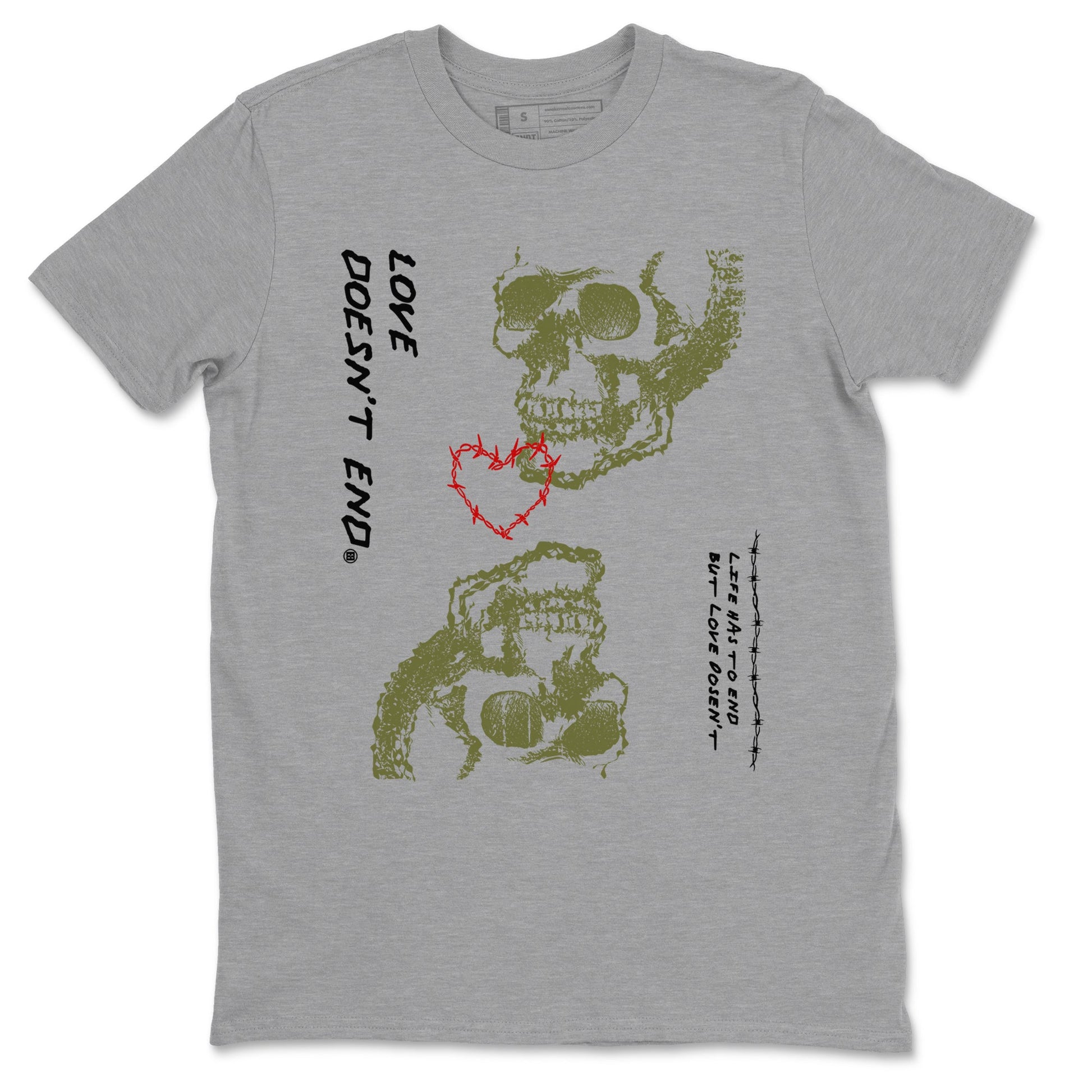 Travis Scott Medium Olive shirts to match jordans Love Doesn't End sneaker match tees Air Jordan 1 Low x Travis Scott x Medium Olive SNRT Sneaker Release Tees unisex cotton Heather Grey 2 crew neck shirts