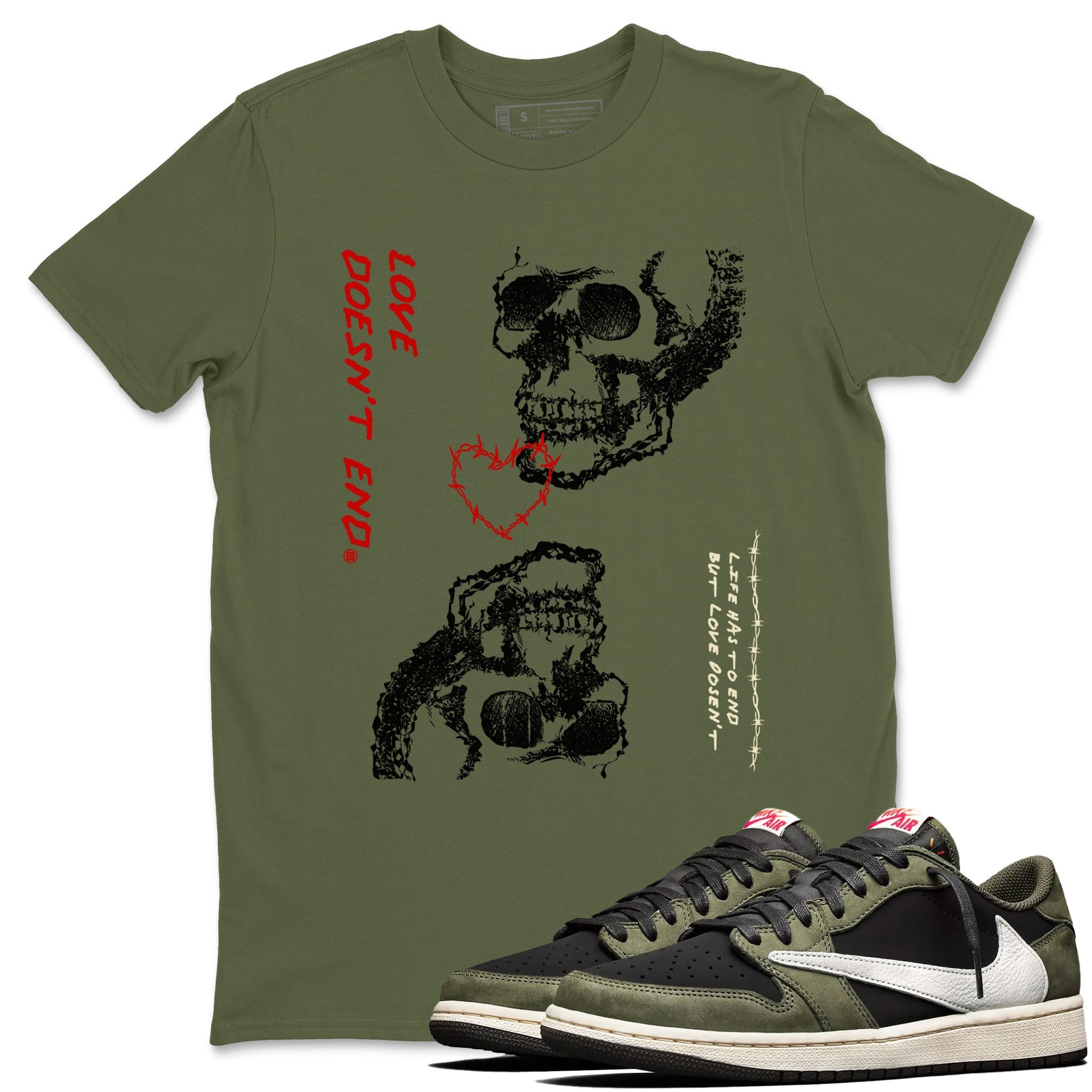 Travis Scott Medium Olive shirts to match jordans Love Doesn't End sneaker match tees Air Jordan 1 Low x Travis Scott x Medium Olive SNRT Sneaker Release Tees unisex cotton Military Green 1 crew neck shirts