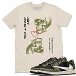 Travis Scott Medium Olive shirts to match jordans Love Doesn't End sneaker match tees Air Jordan 1 Low x Travis Scott x Medium Olive SNRT Sneaker Release Tees unisex cotton Natural 1 crew neck shirts