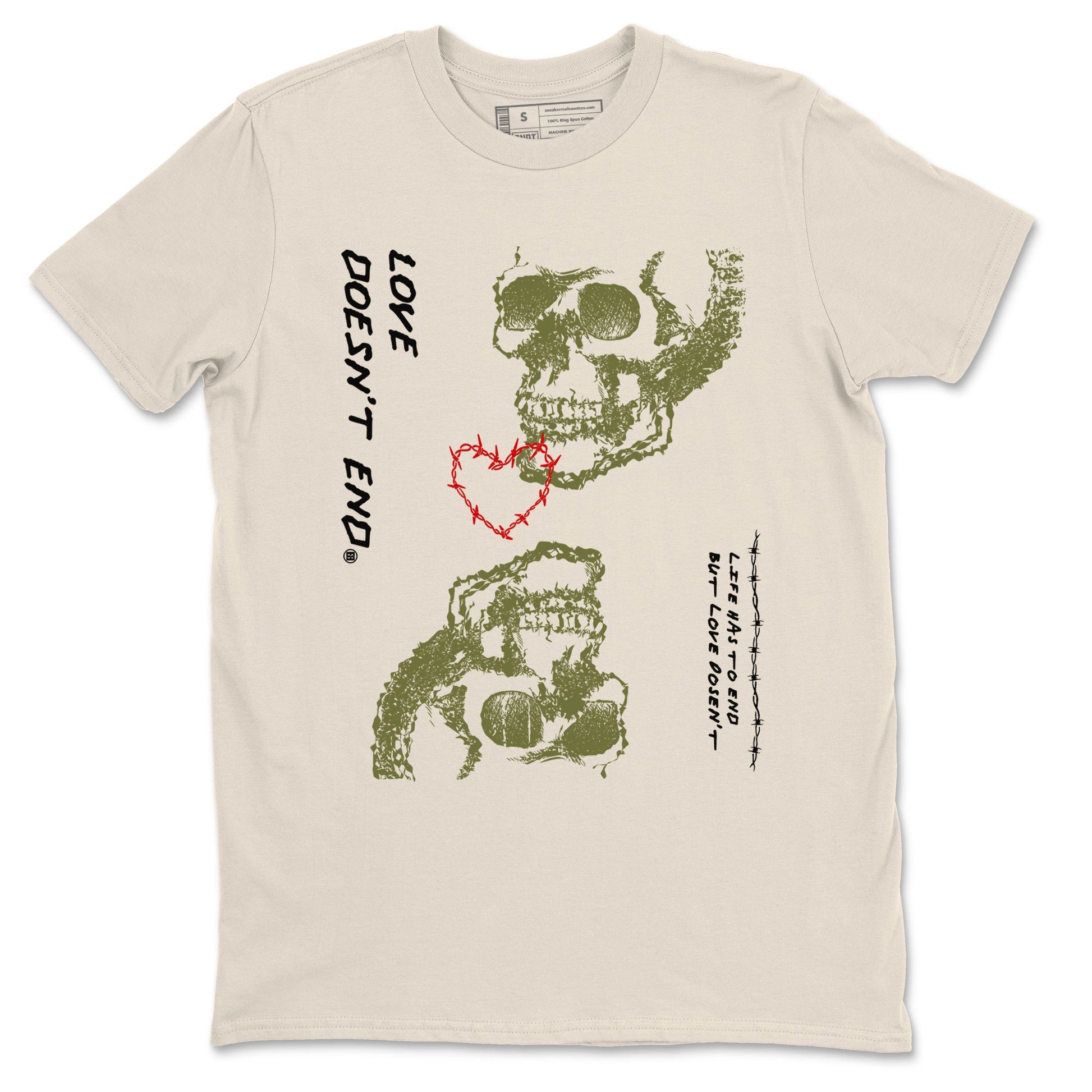 Travis Scott Medium Olive shirts to match jordans Love Doesn't End sneaker match tees Air Jordan 1 Low x Travis Scott x Medium Olive SNRT Sneaker Release Tees unisex cotton Natural 2 crew neck shirts