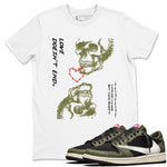 Travis Scott Medium Olive shirts to match jordans Love Doesn't End sneaker match tees Air Jordan 1 Low x Travis Scott x Medium Olive SNRT Sneaker Release Tees unisex cotton White 1 crew neck shirts