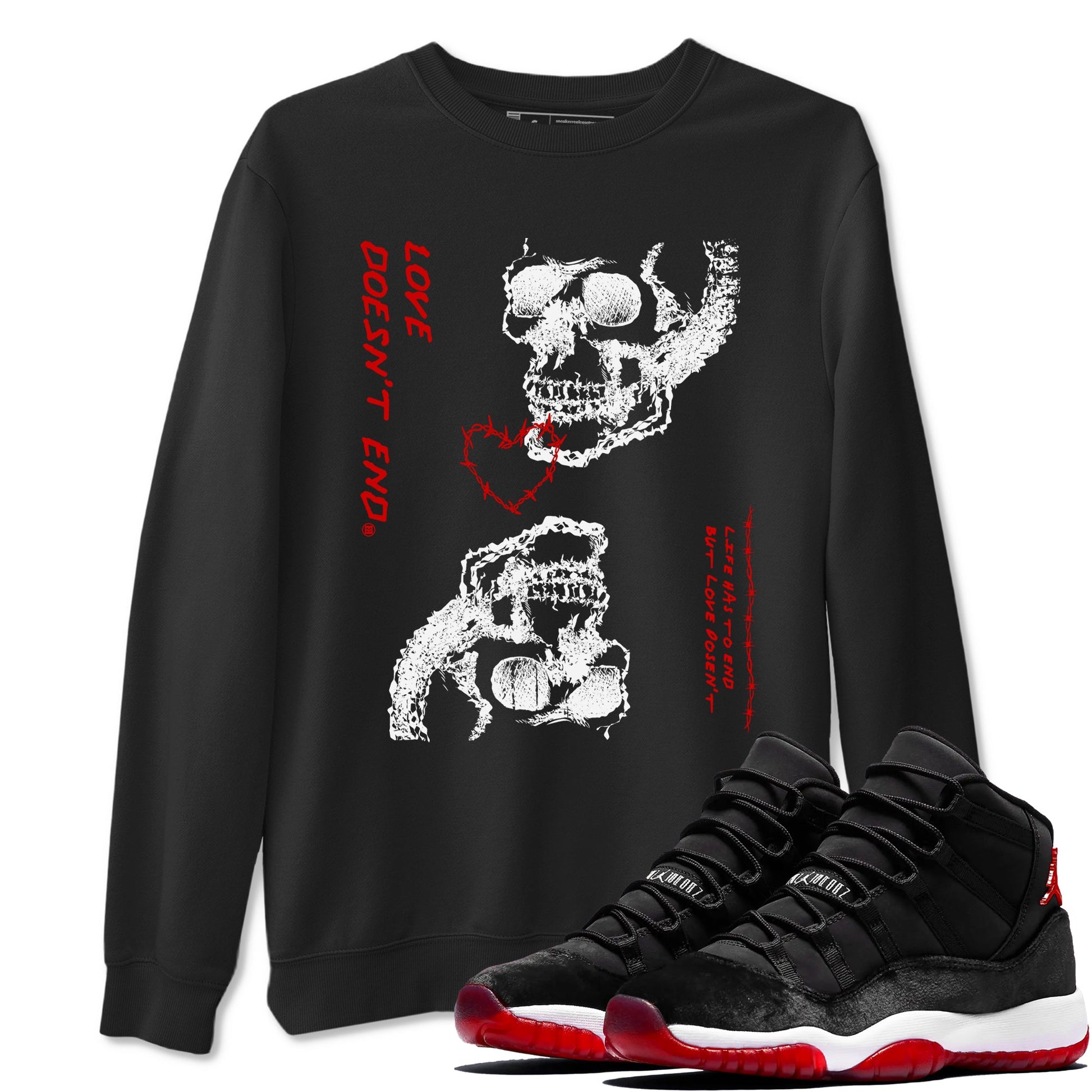 Air Jordan 11 Retro Bred Velvet shirts to match jordans Love Doesn't End sneaker match tees 11 Bred Velvet SNRT Sneaker Release Tees unisex cotton Black 1 crew neck shirts