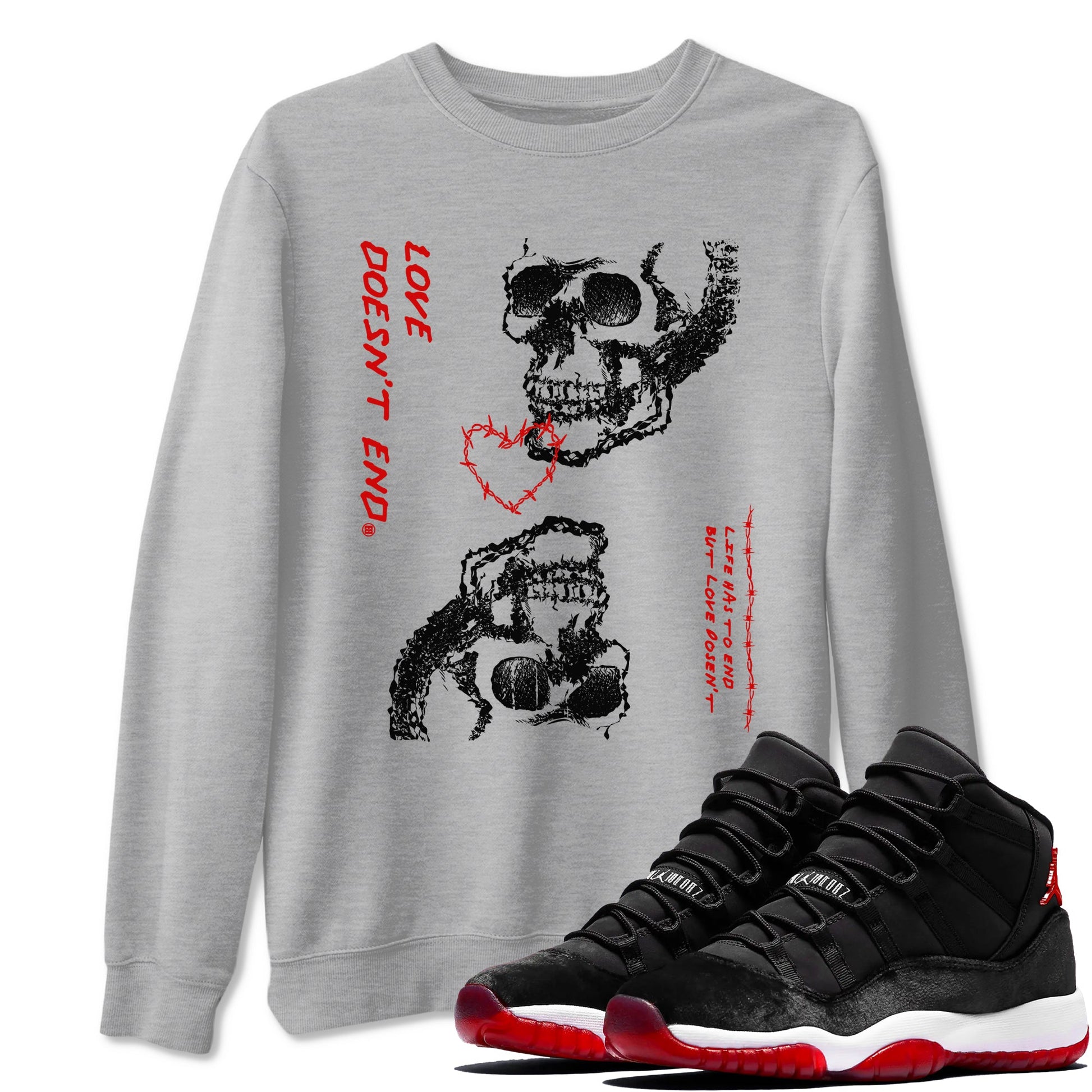 Air Jordan 11 Retro Bred Velvet shirts to match jordans Love Doesn't End sneaker match tees 11 Bred Velvet SNRT Sneaker Release Tees unisex cotton Heather Grey 1 crew neck shirts