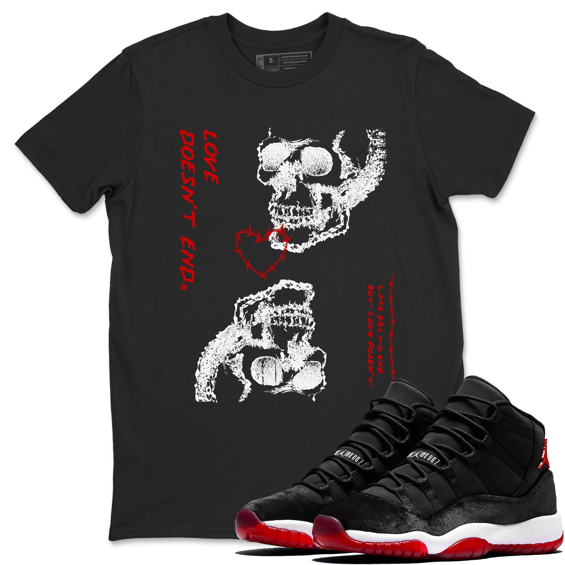 Air Jordan 11 Retro Bred Velvet shirts to match jordans Love Doesn't End sneaker match tees 11 Bred Velvet SNRT Sneaker Release Tees unisex cotton Black 1 crew neck shirts