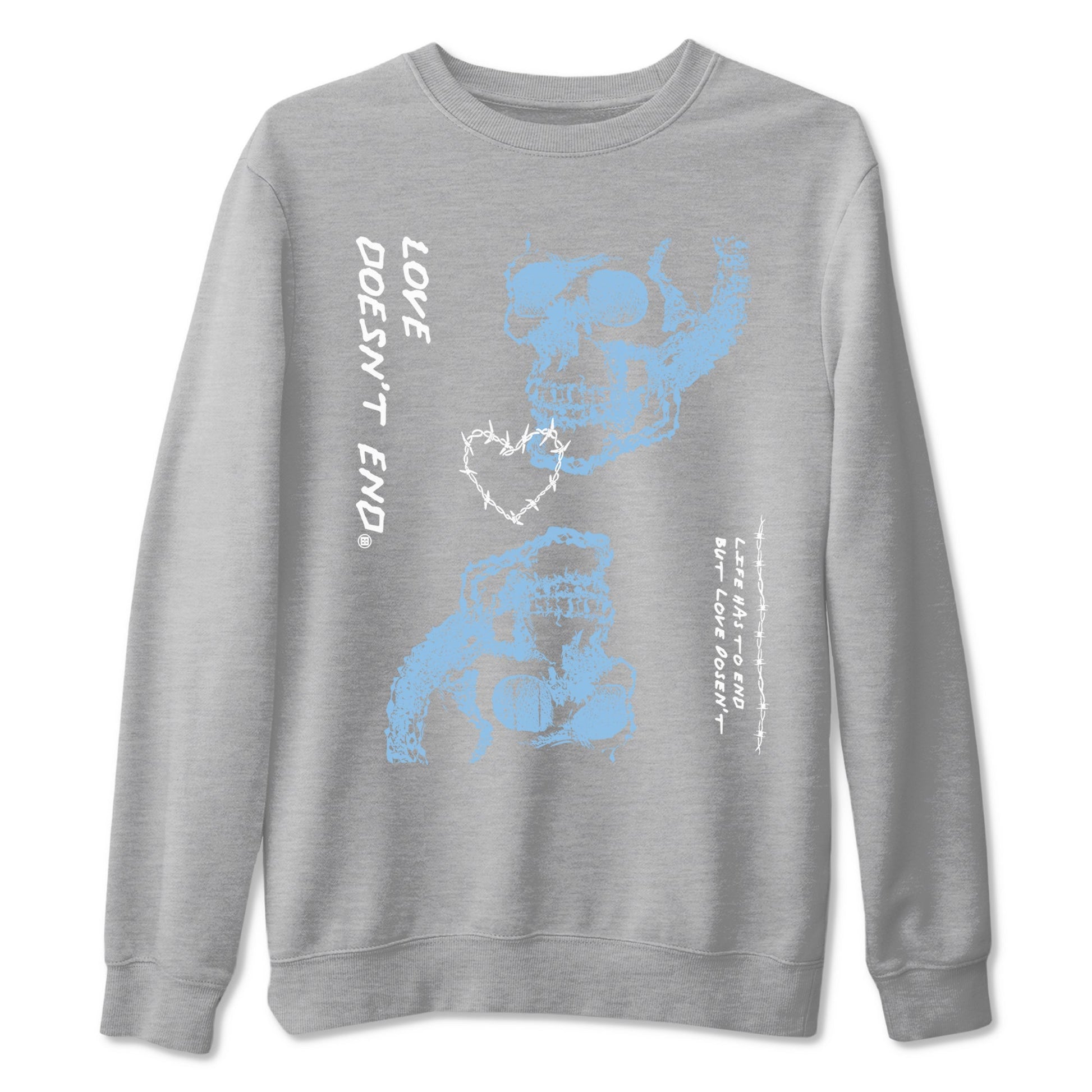 11s Legend Blue shirts to match jordans Love Doesn't End sneaker match tees Air Jordan 11 Legend Blue match shoes to clothes SNRT Sneaker Tees unisex cotton Heather Grey 2 shirts