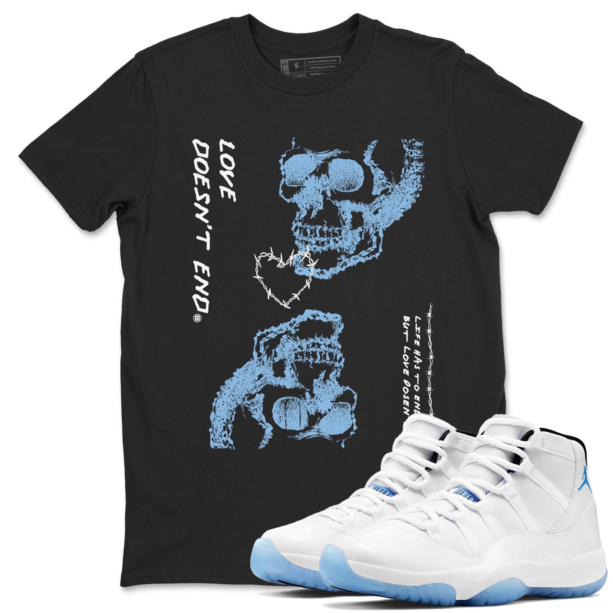 11s Legend Blue shirts to match jordans Love Doesn't End sneaker match tees Air Jordan 11 Legend Blue match shoes to clothes SNRT Sneaker Tees unisex cotton Black 1 shirts