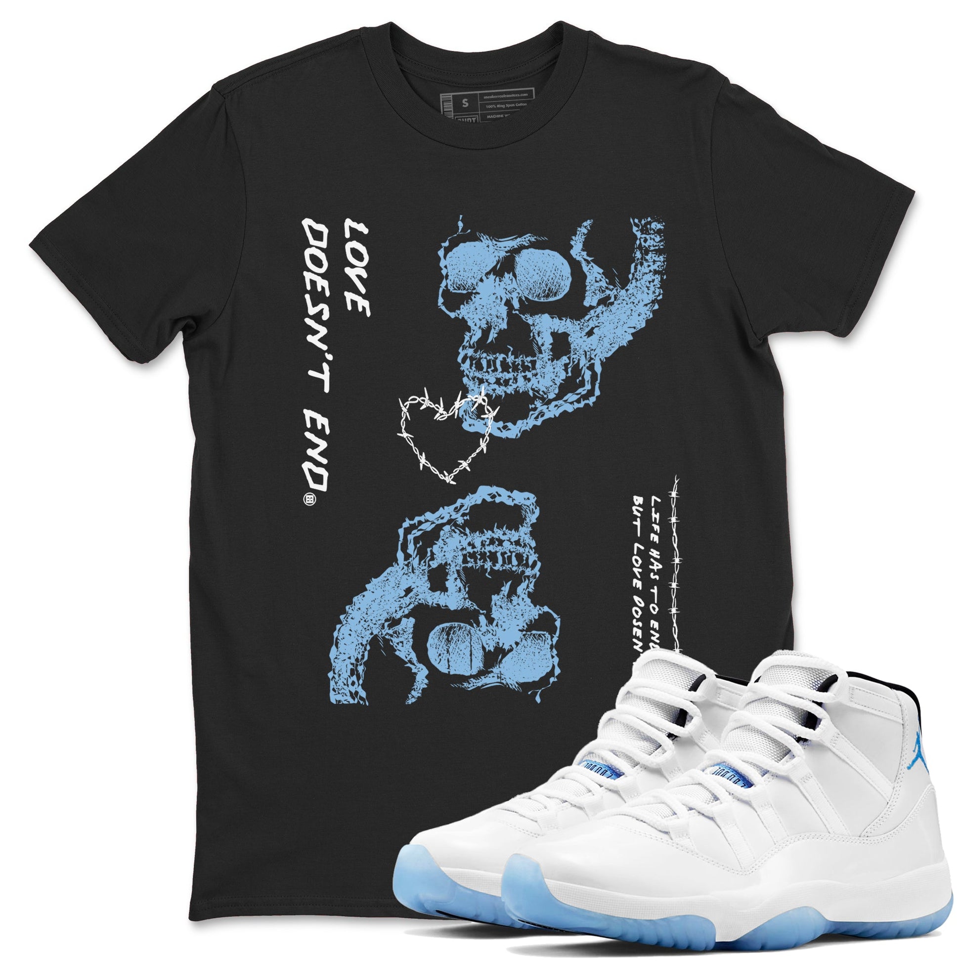 11s Legend Blue shirts to match jordans Love Doesn't End sneaker match tees Air Jordan 11 Legend Blue match shoes to clothes SNRT Sneaker Tees unisex cotton Black 1 shirts