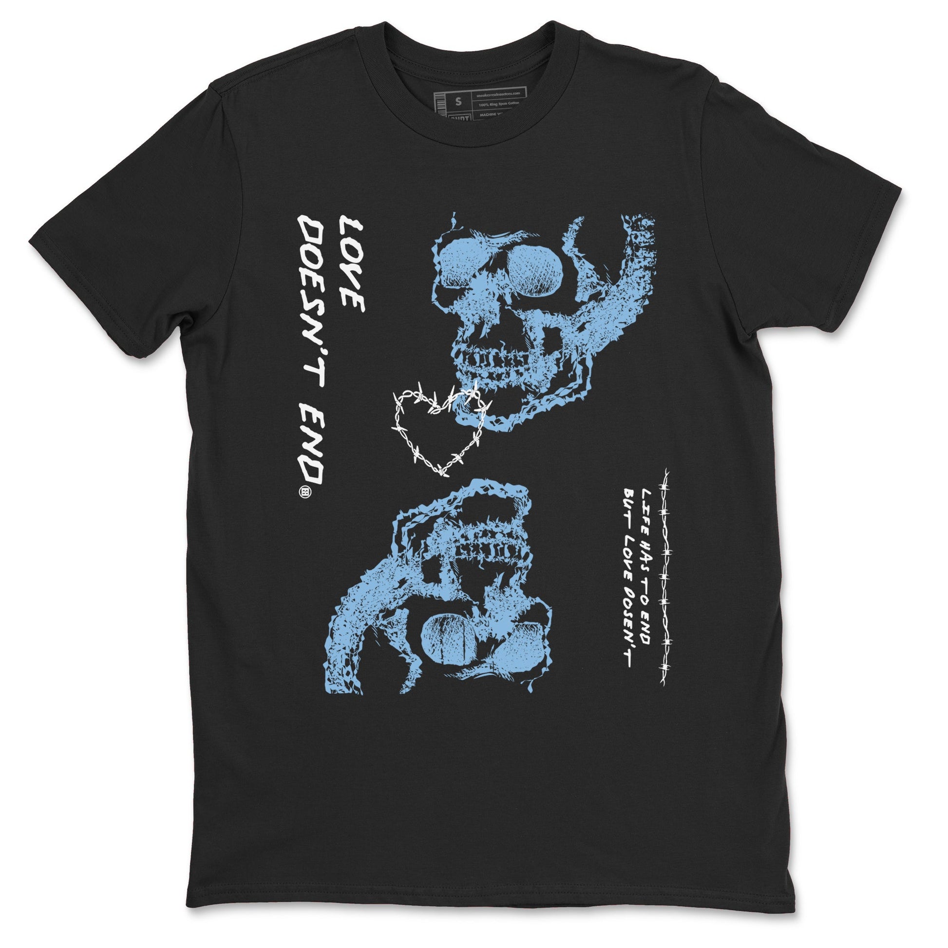 11s Legend Blue shirts to match jordans Love Doesn't End sneaker match tees Air Jordan 11 Legend Blue match shoes to clothes SNRT Sneaker Tees unisex cotton Black 2 shirts