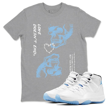 11s Legend Blue shirts to match jordans Love Doesn't End sneaker match tees Air Jordan 11 Legend Blue match shoes to clothes SNRT Sneaker Tees unisex cotton Heather Grey 1 shirts